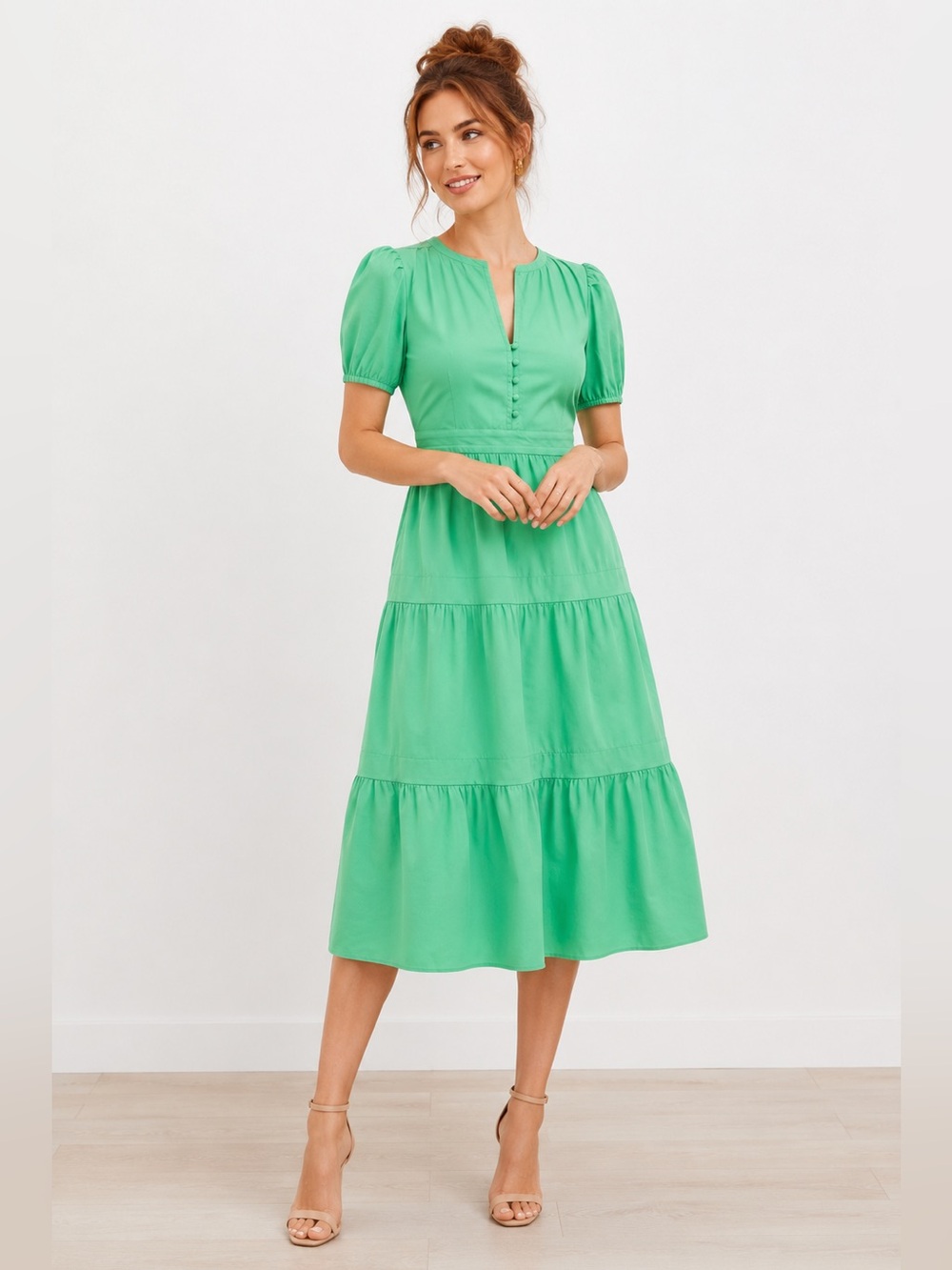 LOFT Tiered Puff Sleeve Midi Dress in Kelly Green Size 12 - Picture 15 of 15